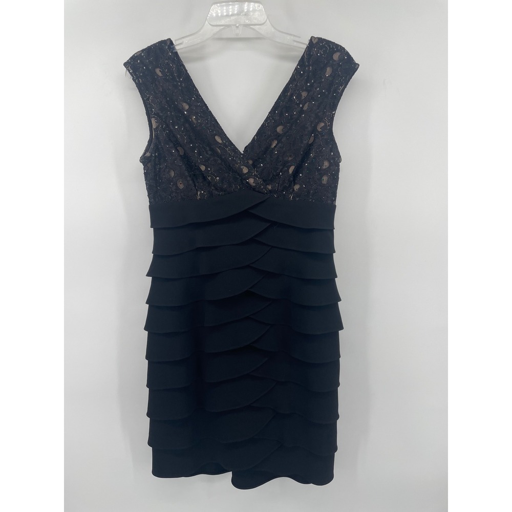 Jessica Howard Cocktail Dress Women 8P Black Tiered Ruffle Sequin Lace V-Neck